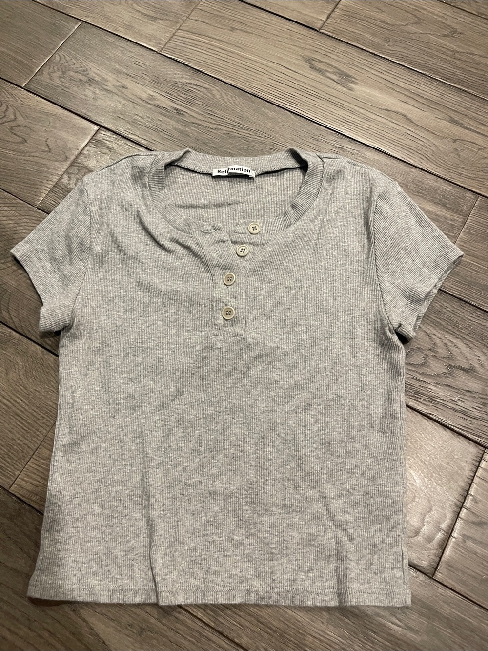 Reformation Gray Ribbed Short-Sleeve Henley Baby Tee